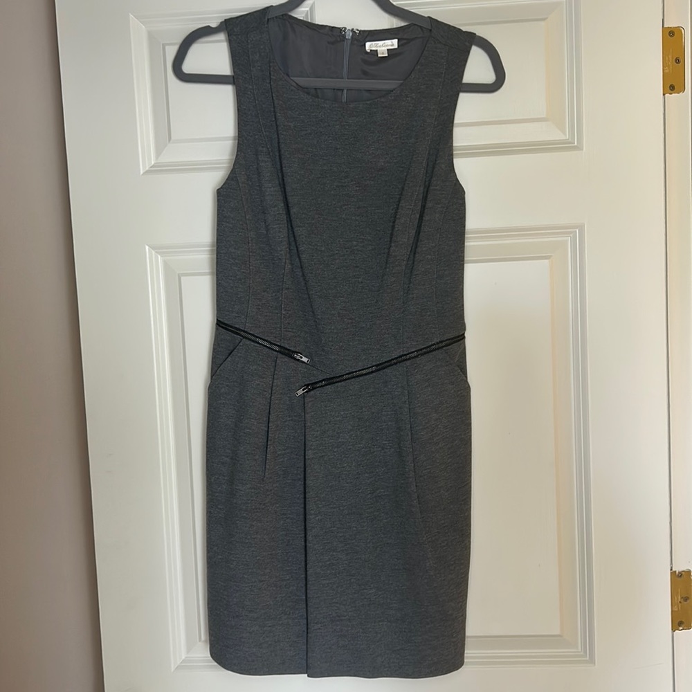 Gray Shoshanna dress with asymmetric zipper detail